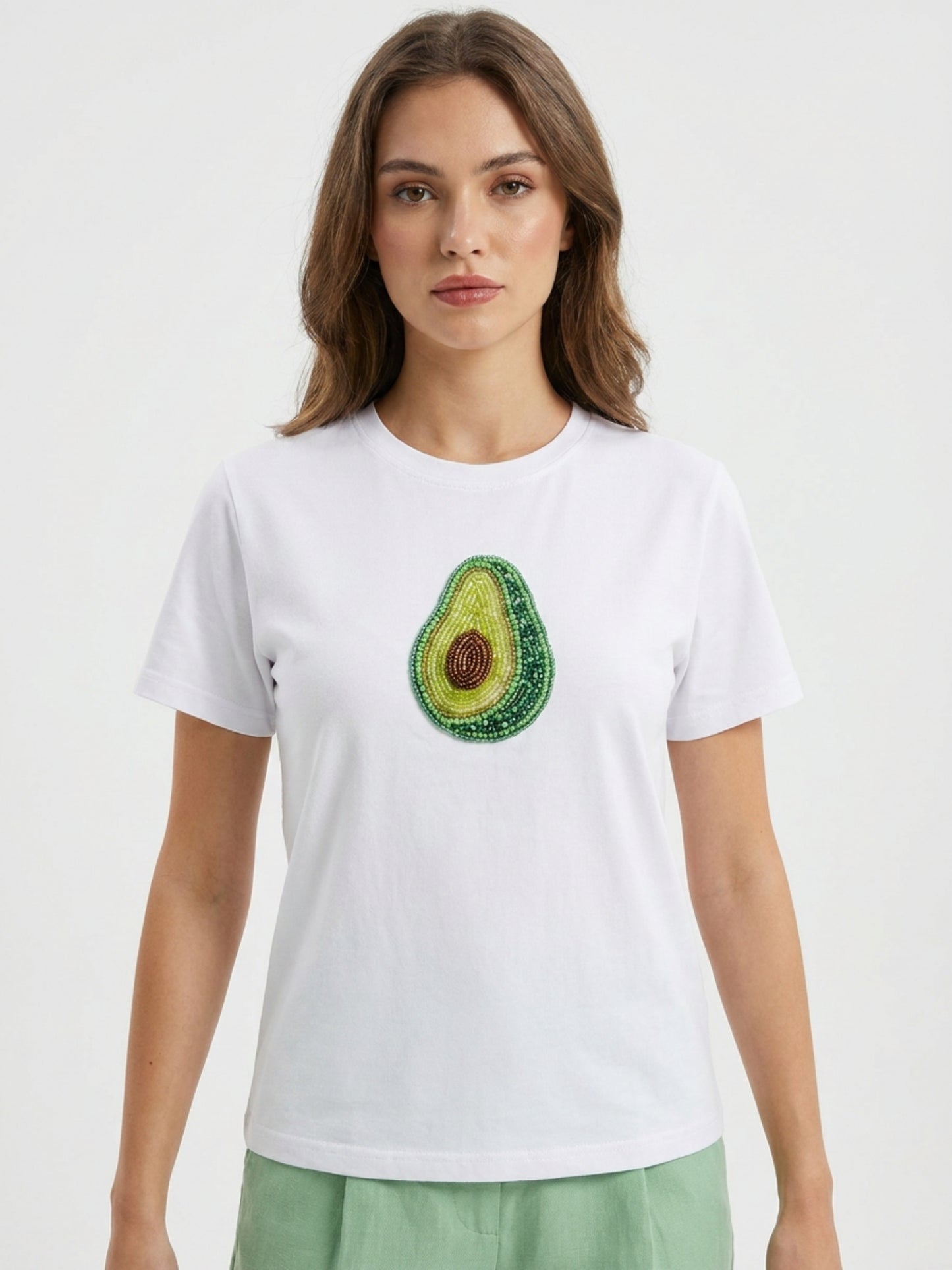 Women White With Green Avocado Motif Cotton Crop Top
