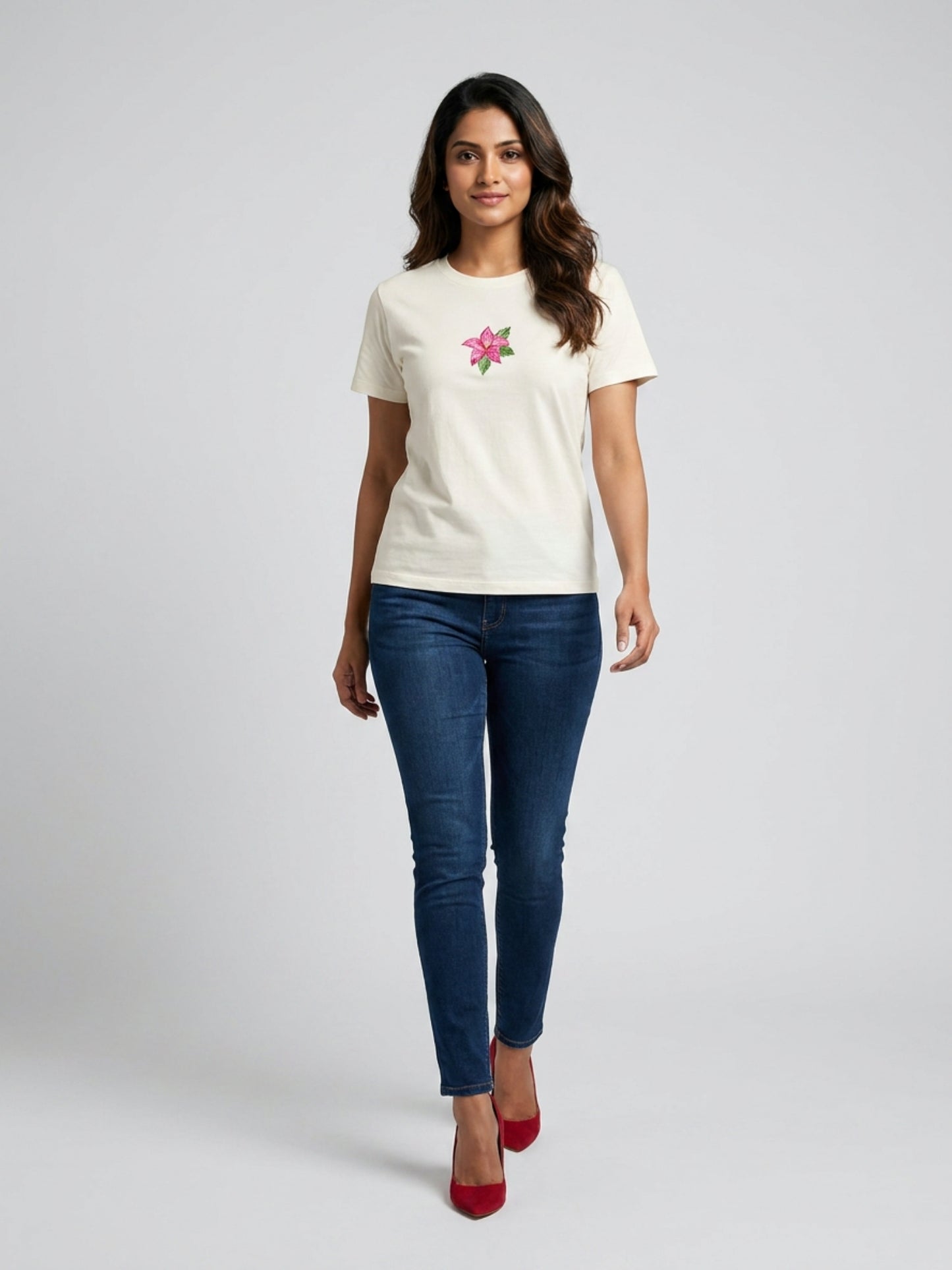 Women White With Pink Star Motif Embellished Regular Fit T-Shirt