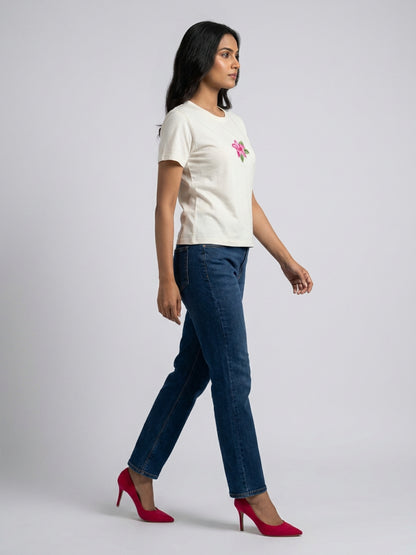 Women White With Pink Star Motif Embellished Regular Fit T-Shirt