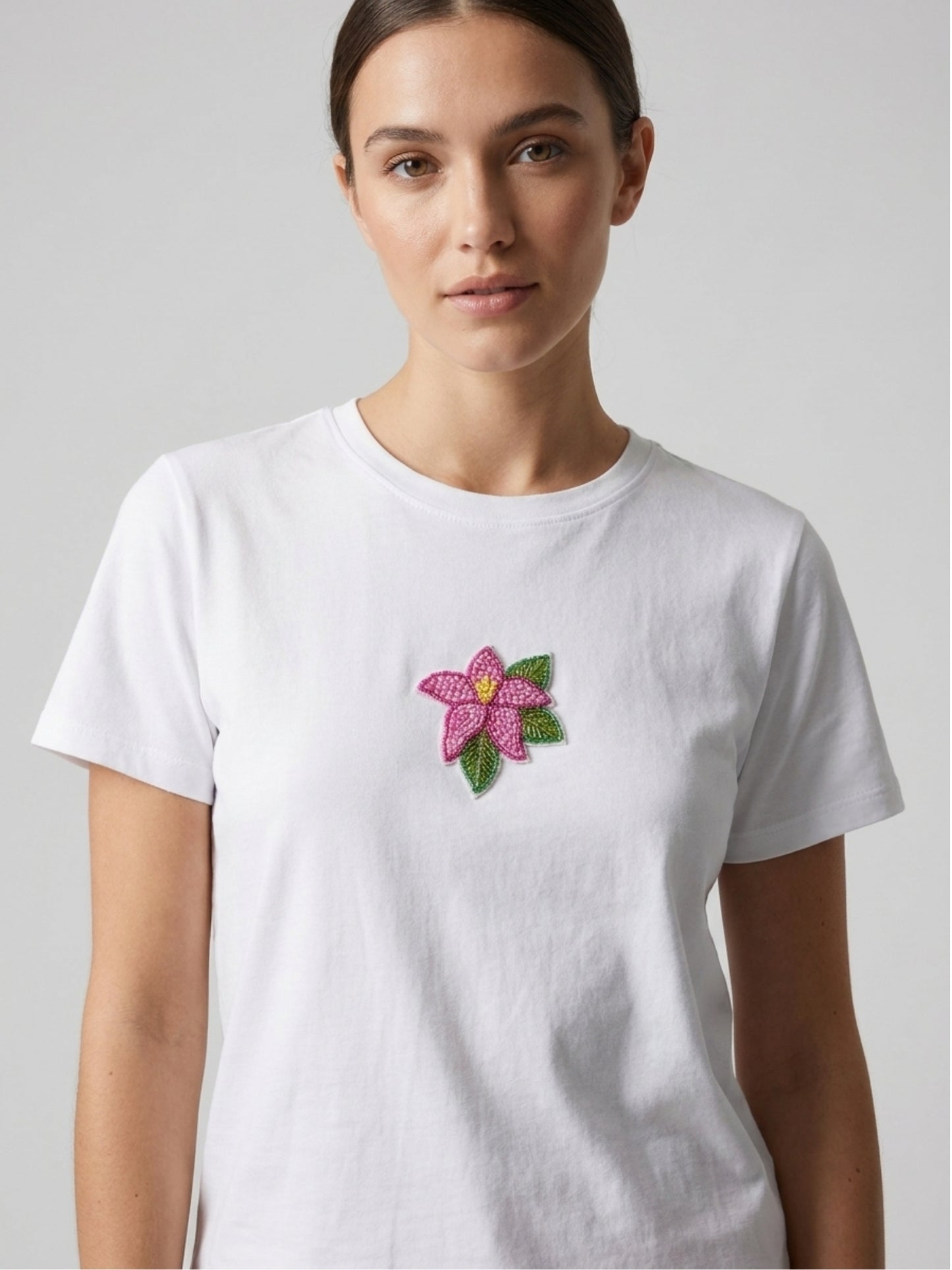 Women White With Pink Star Motif Embellished Regular Fit T-Shirt