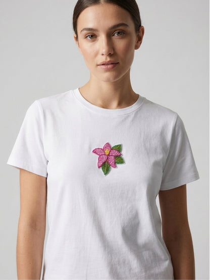 Women White With Pink Star Motif Embellished Regular Fit T-Shirt