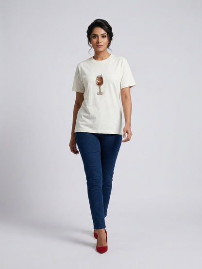 Women White With Gold Cocktail Motif Embellished Regular Fit Tshirts
