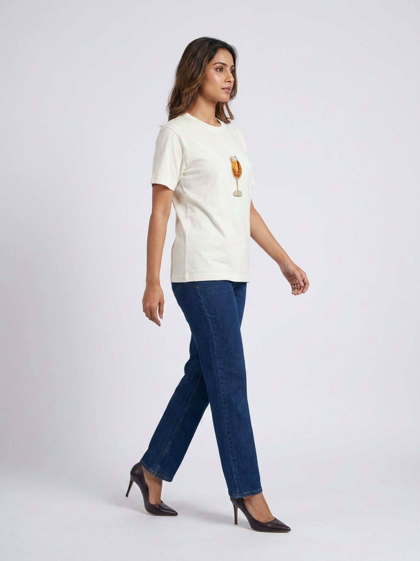 Women White With Gold Cocktail Motif Embellished Regular Fit Tshirts