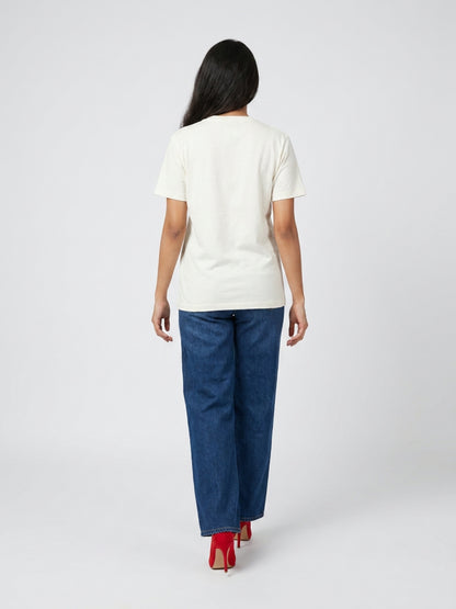 Women White With Gold Cocktail Motif Embellished Regular Fit Tshirts