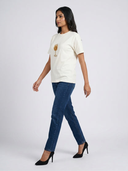 Women White With Gold Cocktail Motif Embellished Regular Fit Tshirts