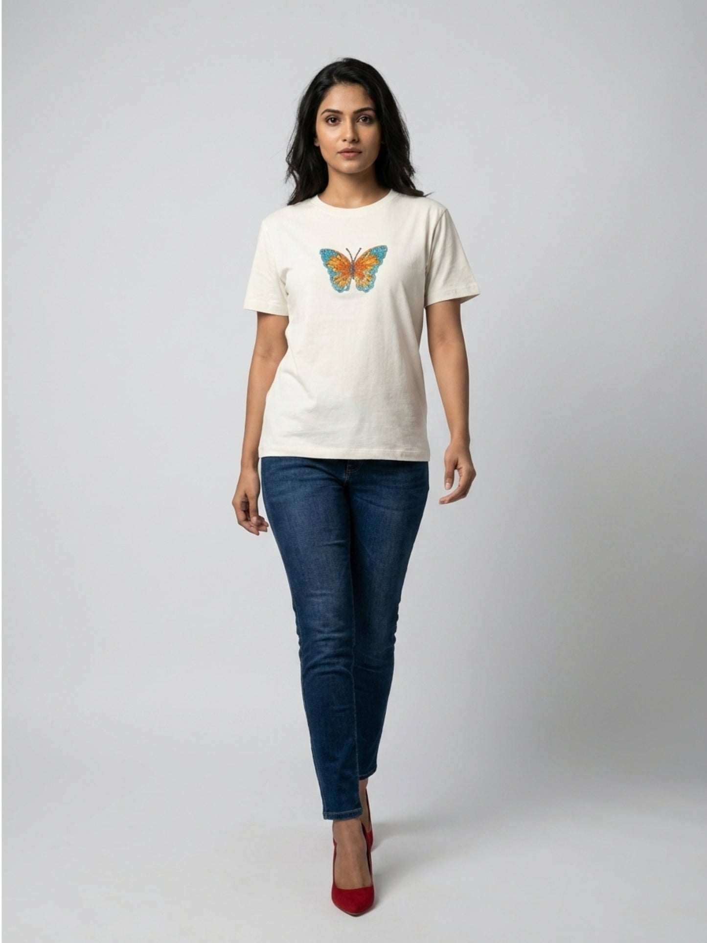 Women White With Multi Butter Fly Embellished Tshirt