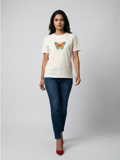 Women White With Multi Butter Fly Embellished Tshirt