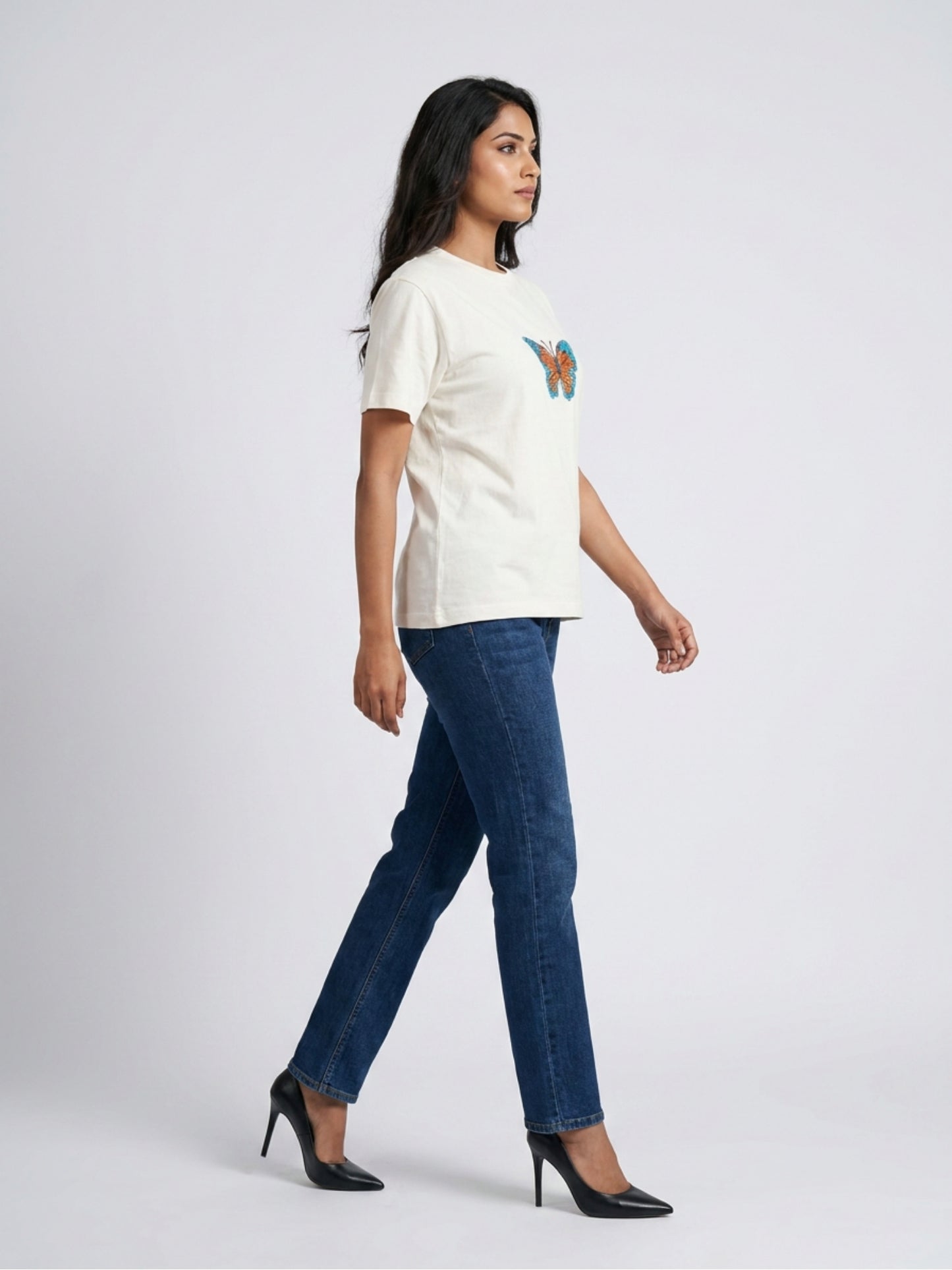 Women White With Multi Butter Fly Embellished Tshirt