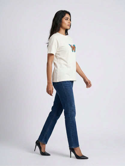 Women White With Multi Butter Fly Embellished Tshirt