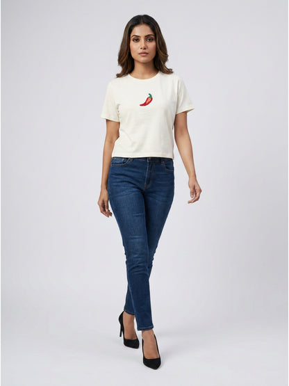 Women White With Red Chilli Motif Embellished Regular Fit Crop Top