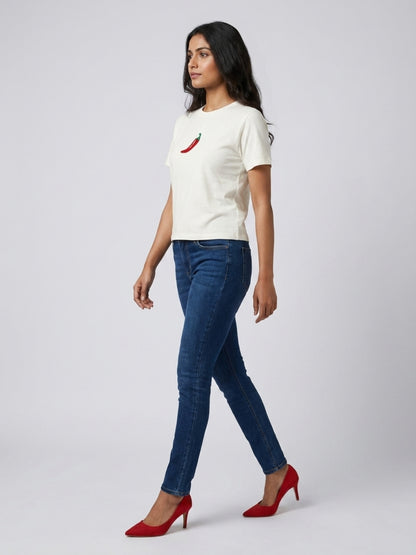 Women White With Red Chilli Motif Embellished Regular Fit Crop Top