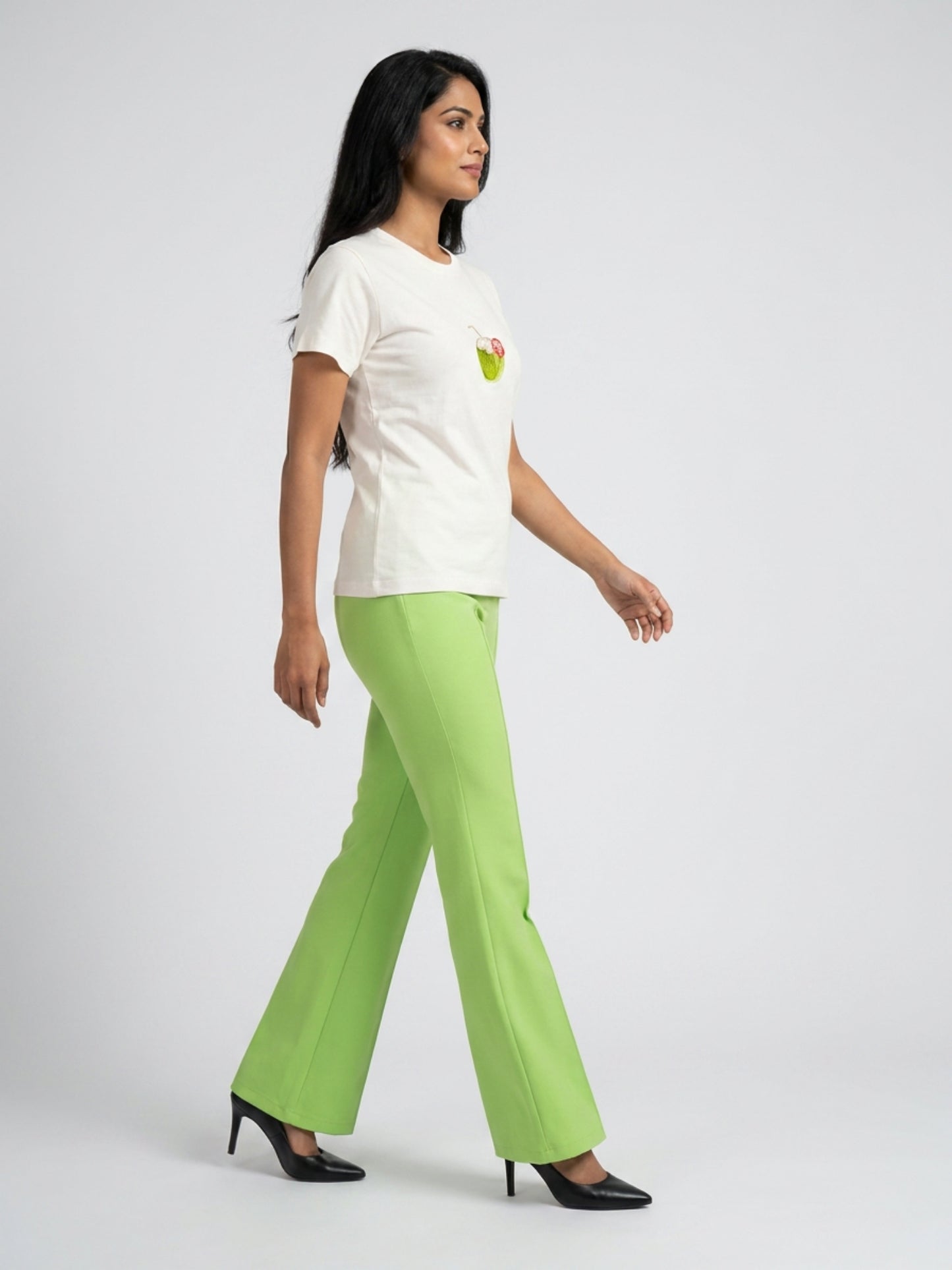 Women White With Green Coconut Drink Motif Cotton T-Shirt