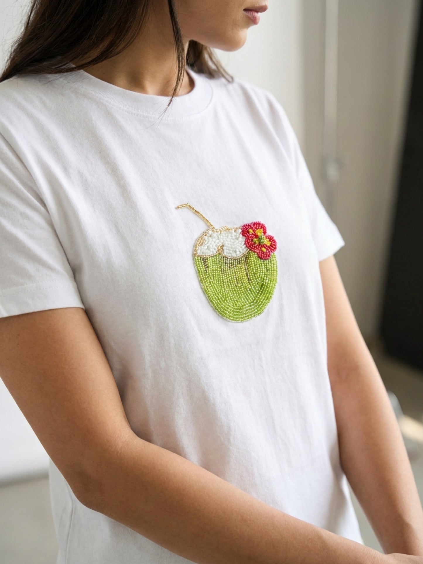 Women White With Green Coconut Drink Motif Cotton T-Shirt