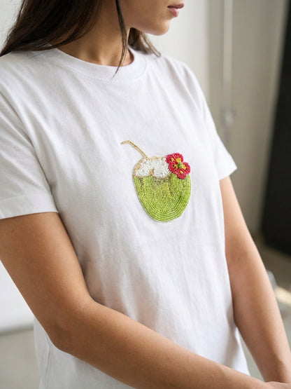 Women White With Green Coconut Drink Motif Cotton T-Shirt