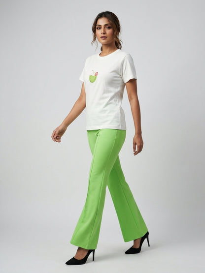 Women White With Green Coconut Drink Motif Cotton T-Shirt