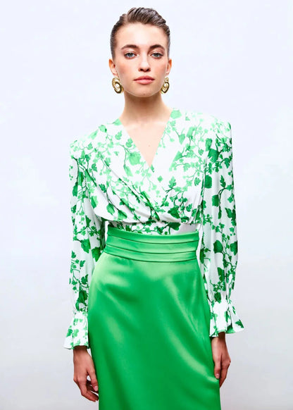 Gaiia Satin Printed Crop Top With Padded Shoulder - Green