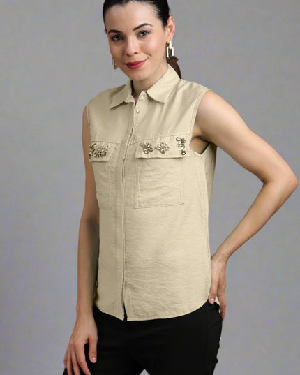 Women Pocket Stone Sleeveless Shirt