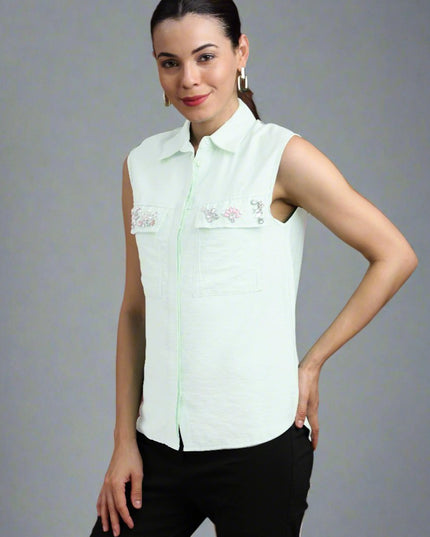 Women Pocket Stone Sleeveless Shirt