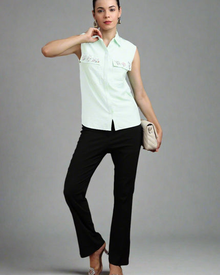 Women Pocket Stone Sleeveless Shirt