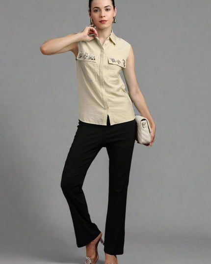 Women Pocket Stone Sleeveless Shirt