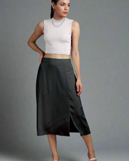 Solid White Satin Midi Skirt with Slit