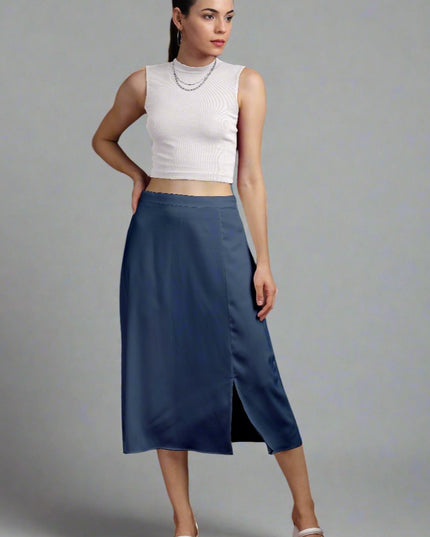 Solid White Satin Midi Skirt with Slit