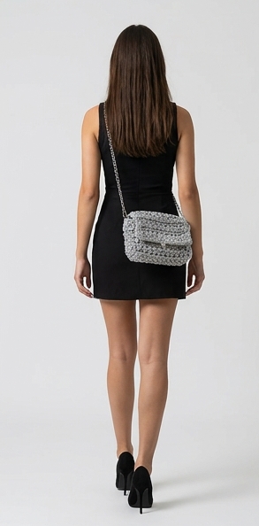 Silver Shimmer Crochet Knit Flap Chain Shoulder Bag