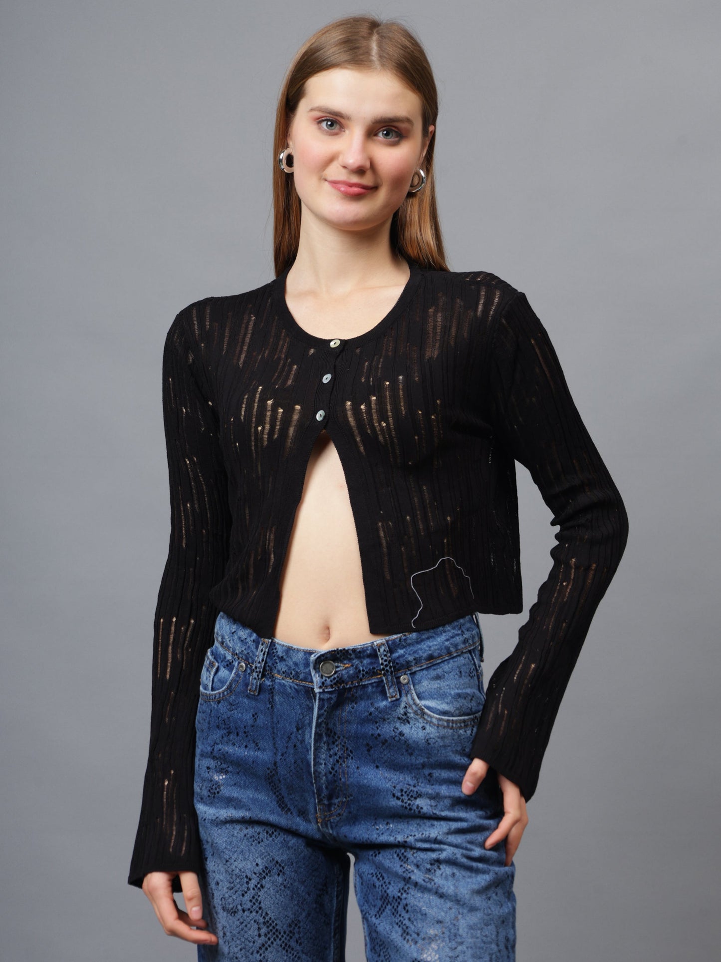 Gaiia Self Design Long Sleeve Top With Button