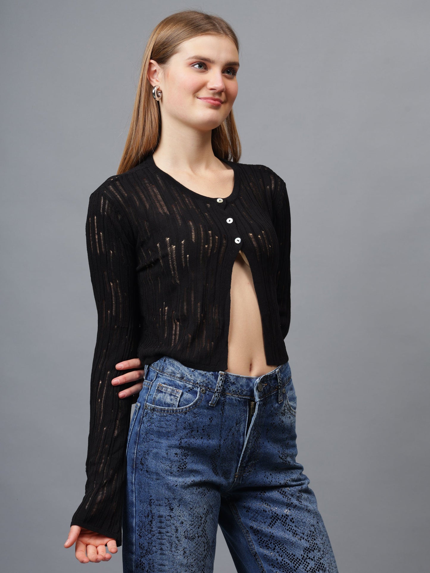 Gaiia Self Design Long Sleeve Top With Button