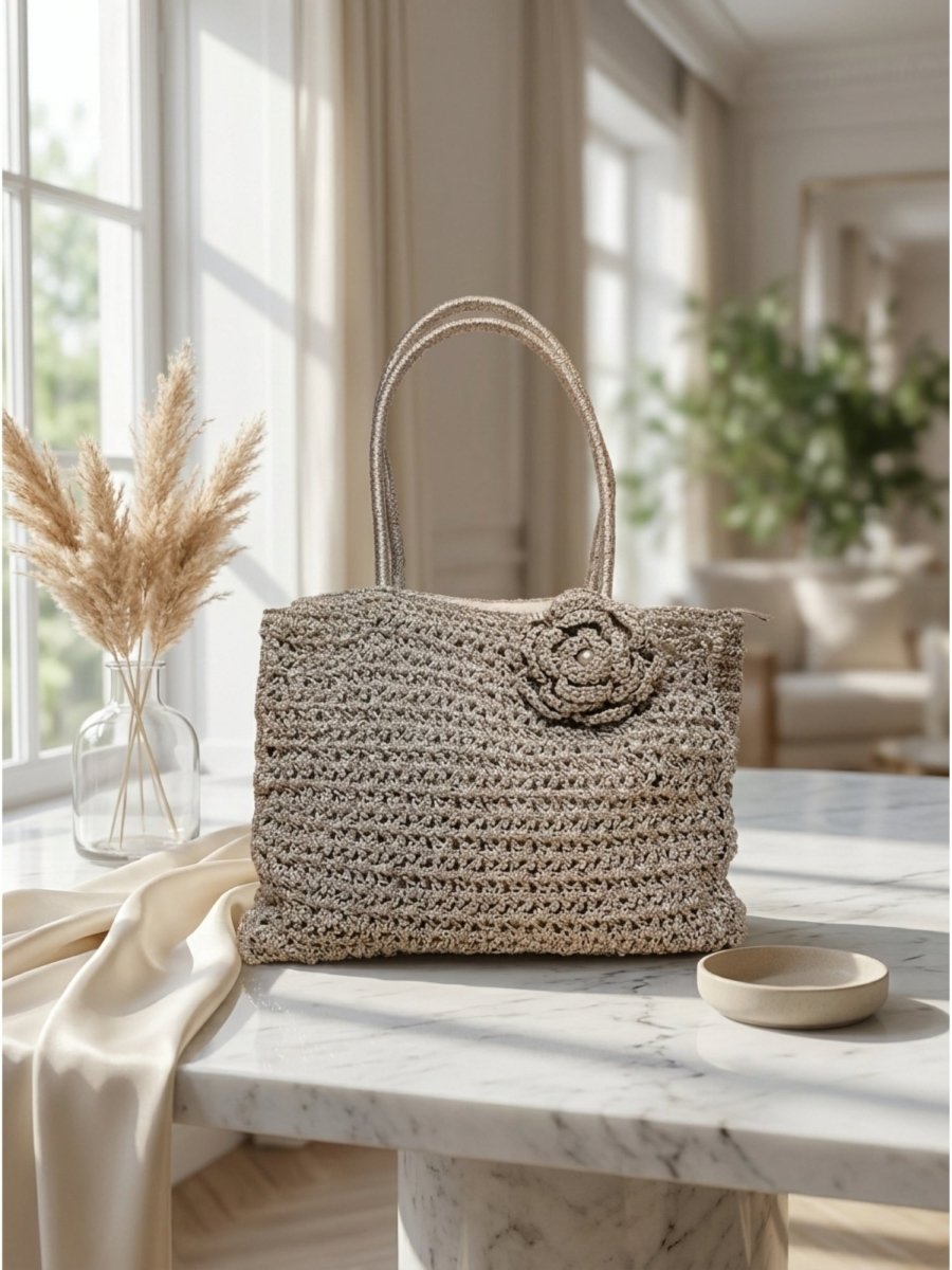 Artisan Crochet Shoulder Tote – Silver Grey - GAIIA