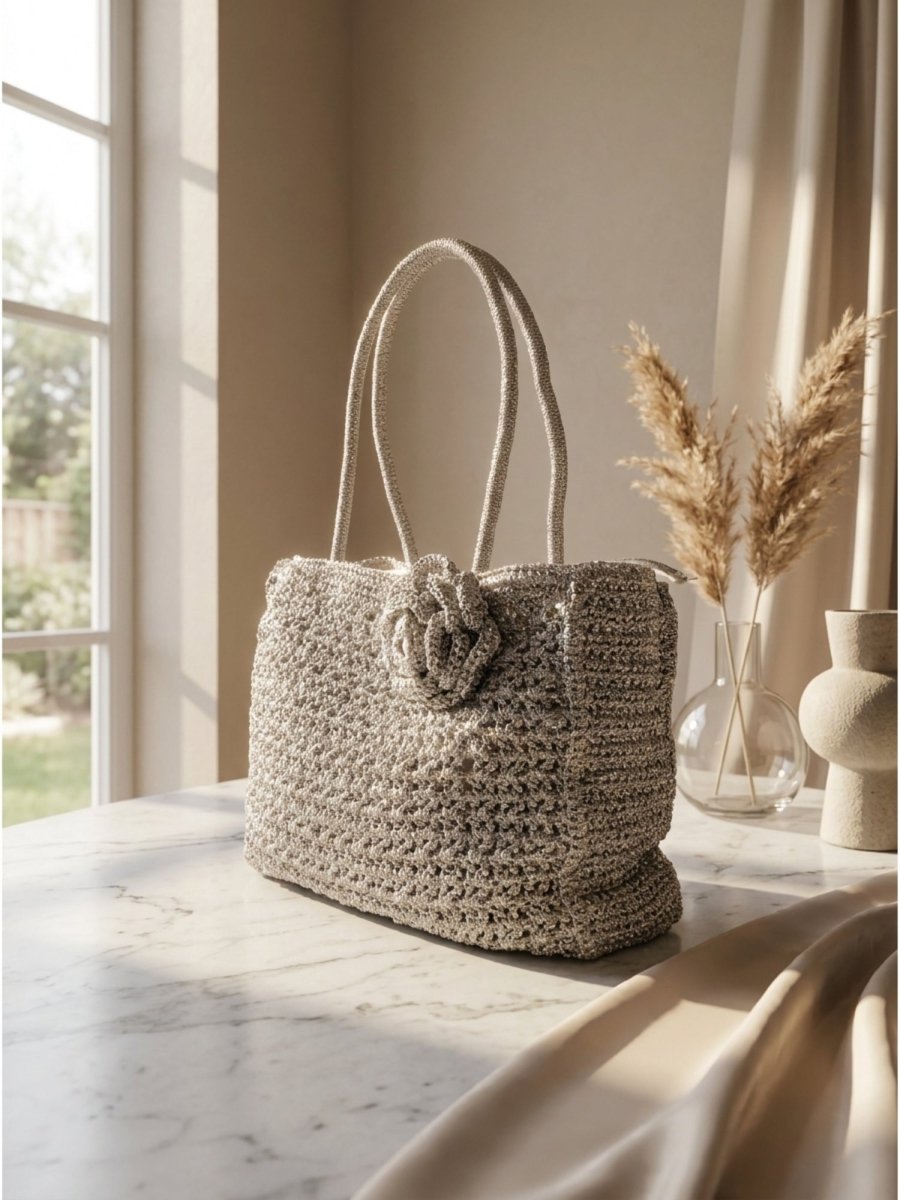 Artisan Crochet Shoulder Tote – Silver Grey - GAIIA