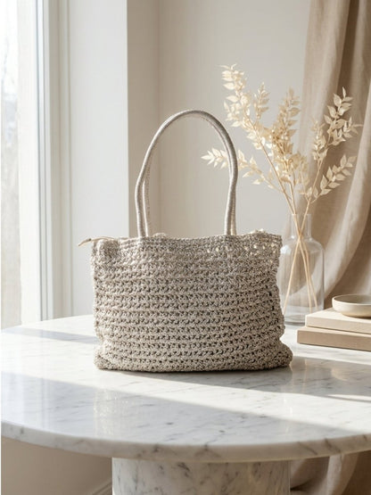 Artisan Crochet Shoulder Tote – Silver Grey - GAIIA