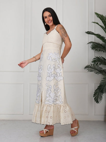 Beige Floral Embroidery A - Line Midi Dress - GAIIA