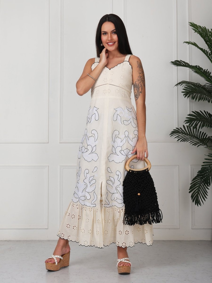 Beige Floral Embroidery A - Line Midi Dress - GAIIA
