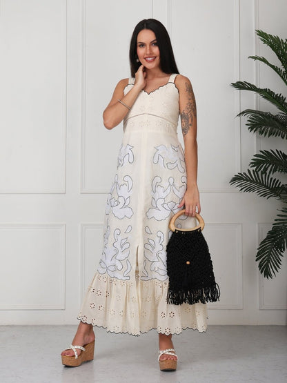 Beige Floral Embroidery A - Line Midi Dress - GAIIA