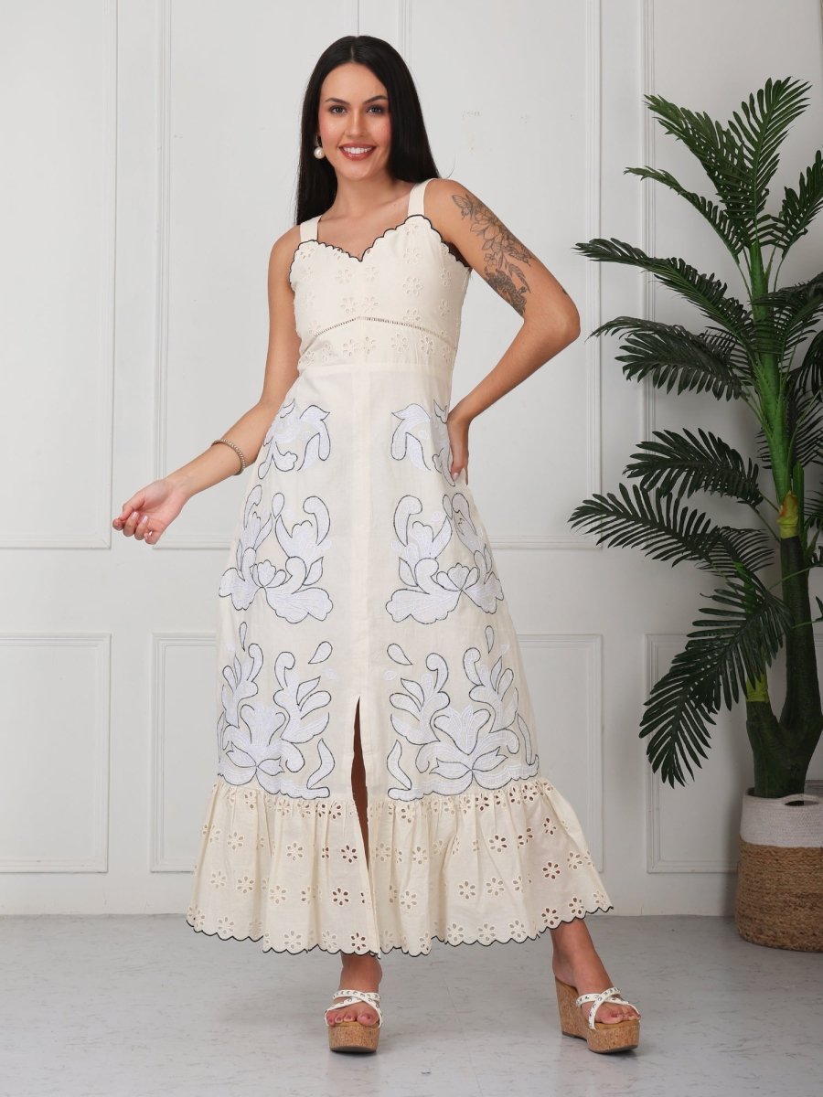 Beige Floral Embroidery A - Line Midi Dress - GAIIA