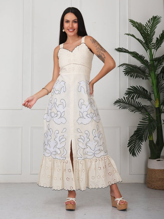 Beige Floral Embroidery A - Line Midi Dress - GAIIA