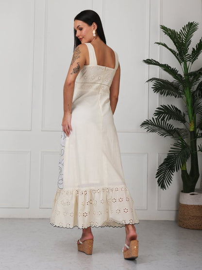 Beige Floral Embroidery A - Line Midi Dress - GAIIA