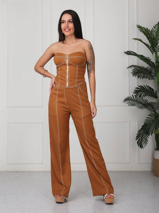 Beige Solid Denim Tube Co - Ord Set - GAIIA