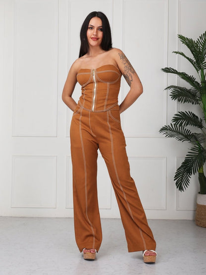 Beige Solid Denim Tube Co - Ord Set - GAIIA