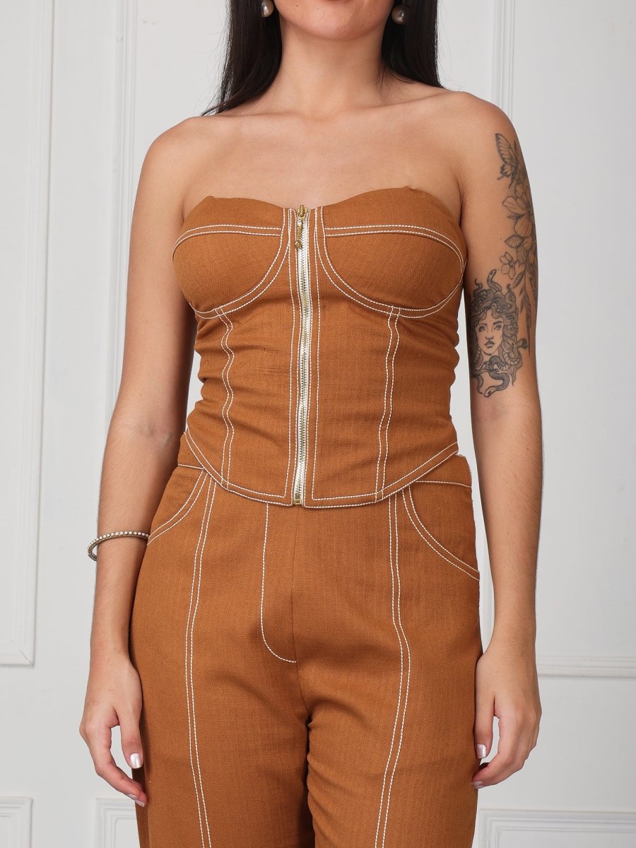 Beige Solid Denim Tube Co - Ord Set - GAIIA