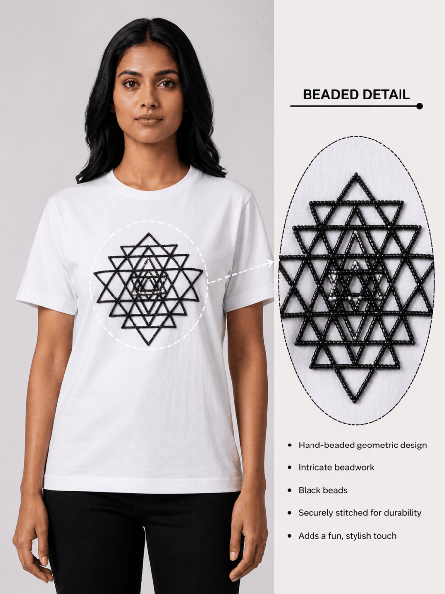 Black Beaded Sri Yantra Cotton T-Shirts - GAIIA
