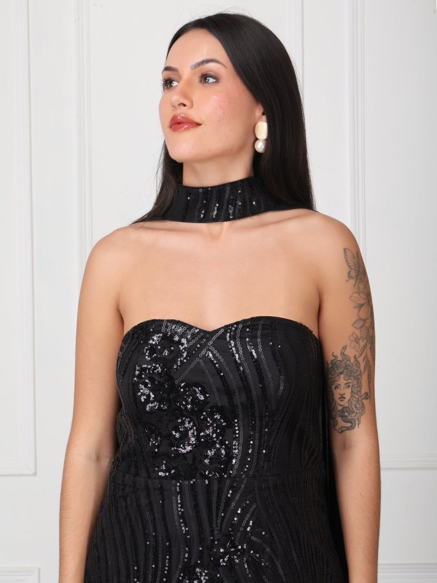 Black Embellished Tube Maxi Dress With Cape - GAIIA