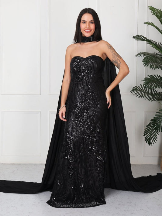Black Embellished Tube Maxi Dress With Cape - GAIIA