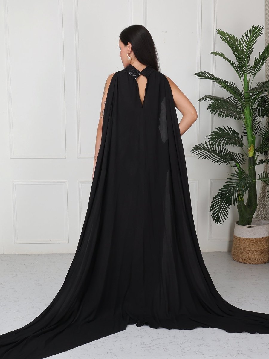 Black Embellished Tube Maxi Dress With Cape - GAIIA