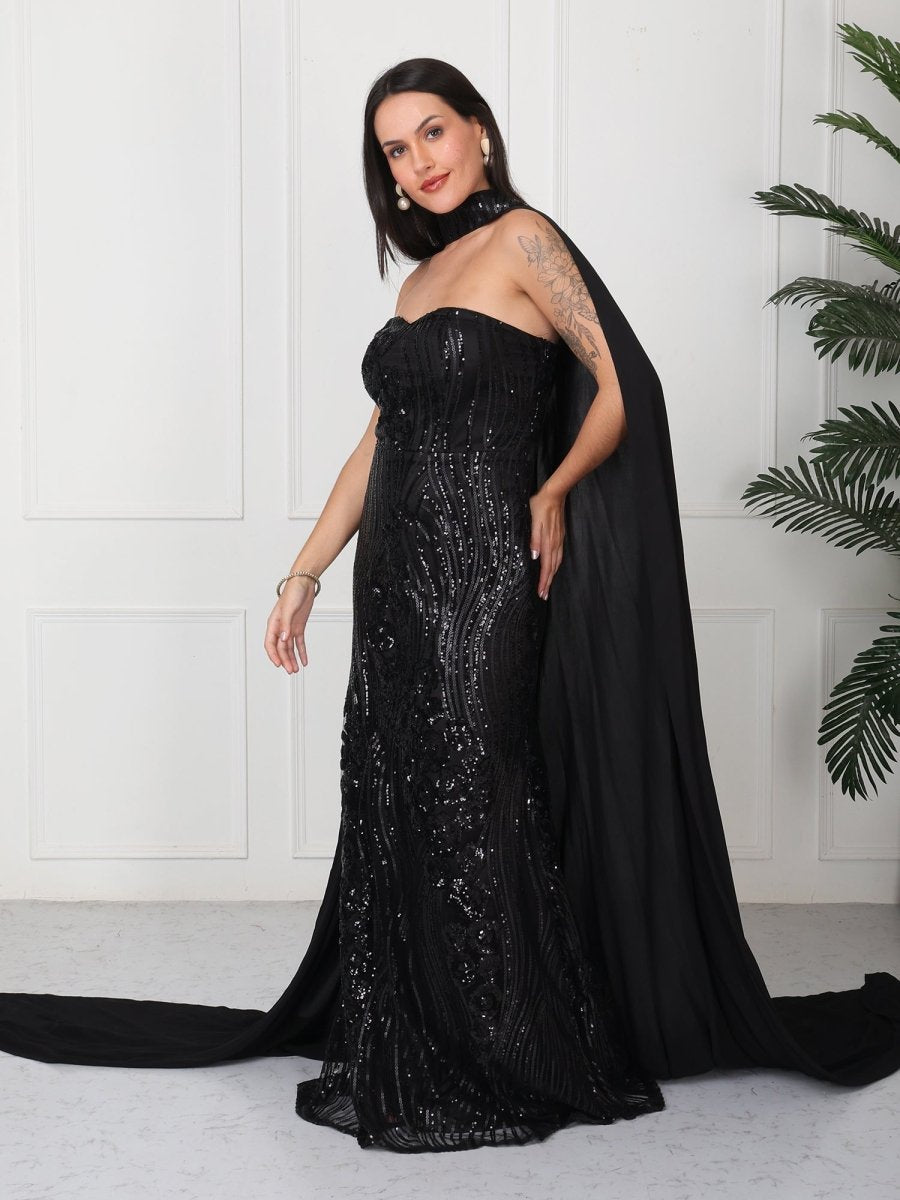 Black Embellished Tube Maxi Dress With Cape - GAIIA