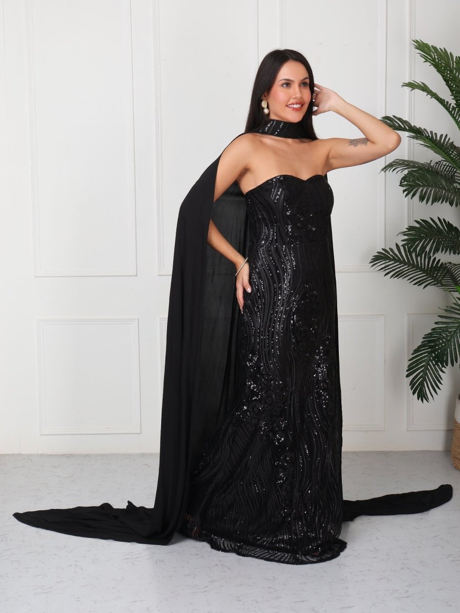 Black Embellished Tube Maxi Dress With Cape - GAIIA