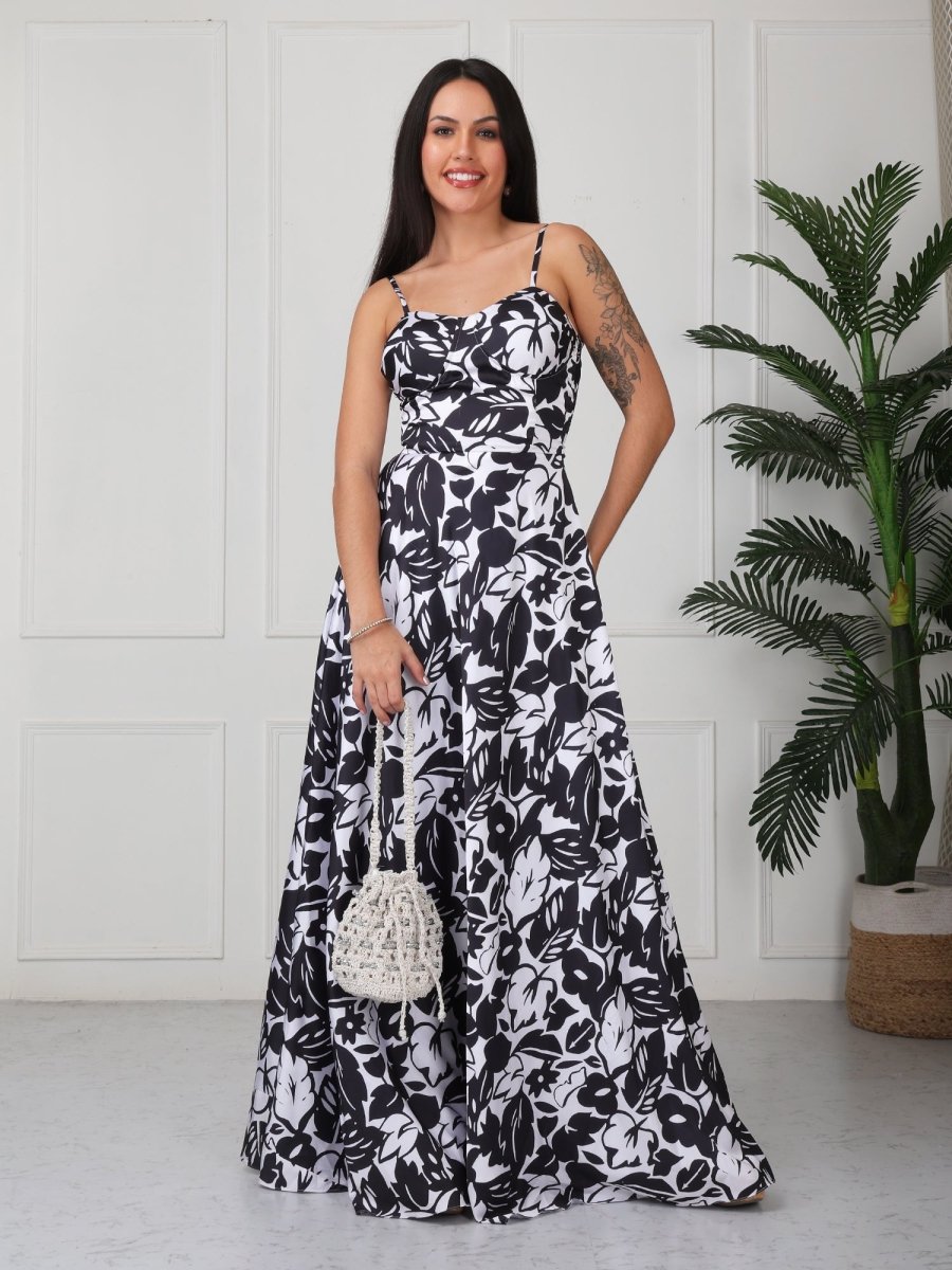 Black Floral Printed Flared Maxi Drees - GAIIA