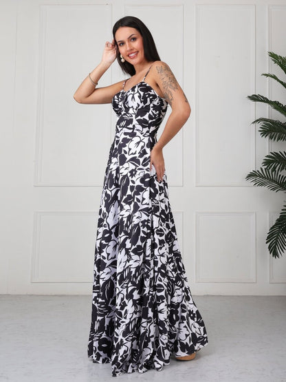 Black Floral Printed Flared Maxi Drees - GAIIA