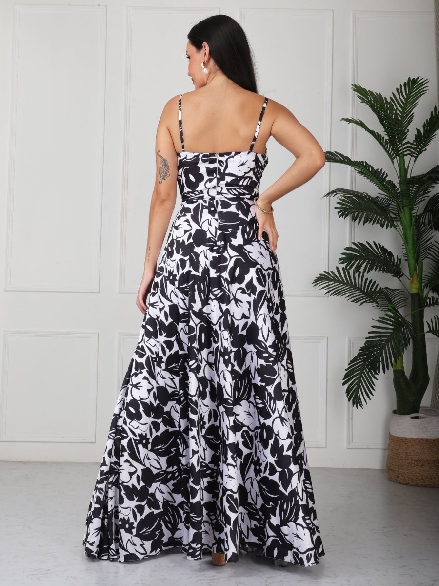 Black Floral Printed Flared Maxi Drees - GAIIA